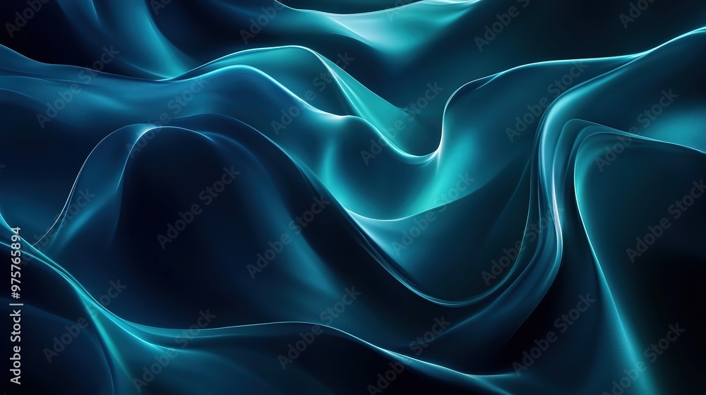 Fototapeta premium Ethereal Gradient Waves on Dark Abstract Background, Futuristic Design with Glowing Edges and Fluid Motion. Digital Art with Smooth Flowing Blue and Teal, Silky Textures and High Contrast.