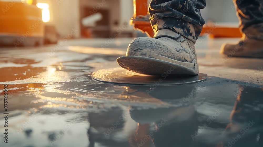 Construction Worker's Foot on Wet Concrete Construction Worker's Foot on Wet Concrete