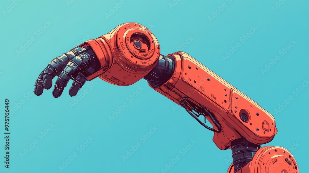 Naklejka premium Close-up of a robotic arm reaching out against a blue sky background.