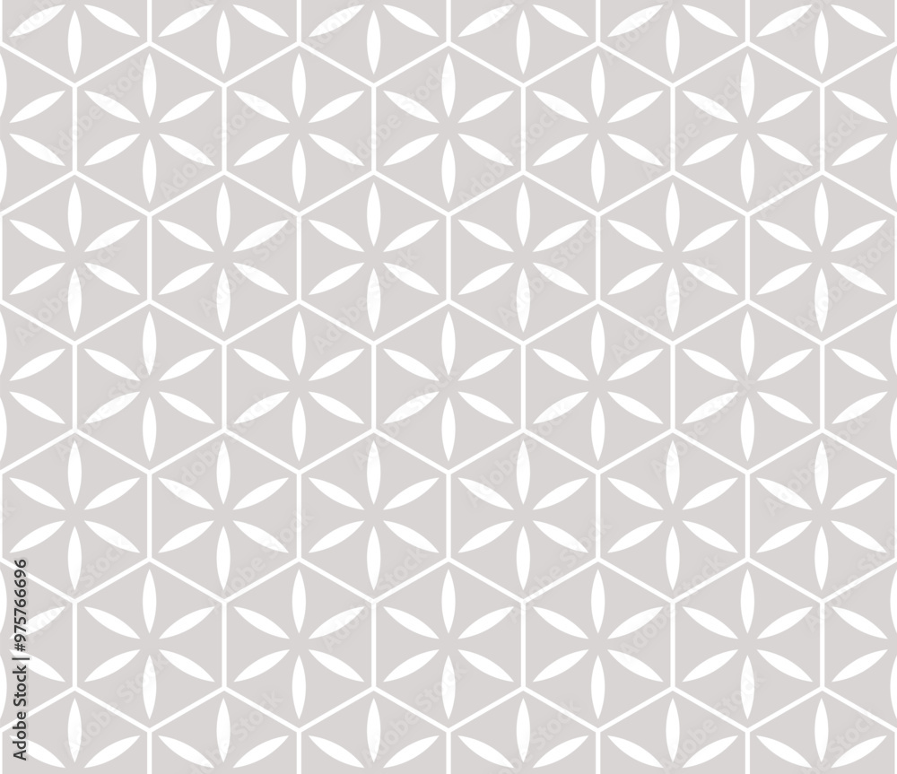 Simple vector gray and white seamless pattern. Abstract floral geometric ornament. Subtle background with flower silhouettes, leaves, lines, hexagonal grid, lattice. Minimalist repeated geo design Simple vector gray and white seamless pattern. Abstract floral geometric ornament. Subtle background with flower silhouettes, leaves, lines, hexagonal grid, lattice. Minimalist repeated geo design