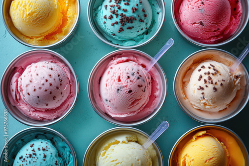 A colorful ice cream in metal tins with plastic spoons on a table.