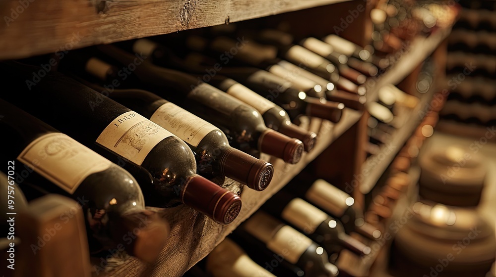 An upscale wine cellar featuring wooden racks, filled with vintage wine bottles, exuding sophistication and old-world charm. An upscale wine cellar featuring wooden racks, filled with vintage wine bottles, exuding sophistication and old-world charm.