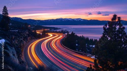 A long exposure photograph of the glowing lights from cars driving along a highway on top of hills