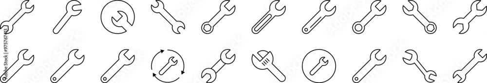 Wrench Line Icon Set. Editable Stroke. Minimalistic Linear Pictogram for Design of Cards, Apps, Banners, Posts Wrench Line Icon Set. Editable Stroke. Minimalistic Linear Pictogram for Design of Cards, Apps, Banners, Posts