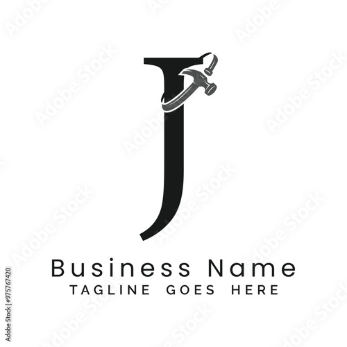 J Letter logo construction vector for woodworking company. Alphabet J hammer template illustration