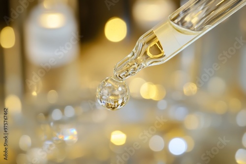 pipette tip releasing a drop of golden liquid into a bottle of serum, beauty and health product , wellness, youthful 