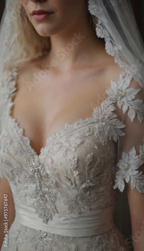 Close-Up of Wedding Dress Highlighting Intricate Lace, Beading, and Elegant Craftsmanship