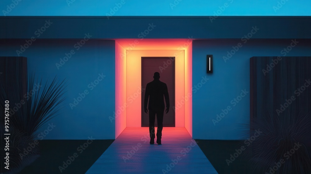 Home with visible outdoor motion-sensor lights turning on as a shadowy figure approaches, capturing the moment of deterrence Home with visible outdoor motion-sensor lights turning on as a shadowy figure approaches, capturing the moment of deterrence