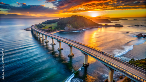 Dramatic sunset over a scenic coastal bridge with ocean waves crashing against the shore.
Iconic bridge connecting to a small island at dusk, offering a breathtaking ocean view.