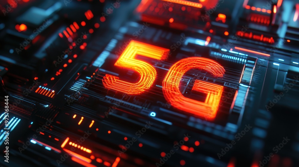 Bold 5G text displayed over a futuristic background symbolizing high-speed internet and data transmission. Bold 5G text displayed over a futuristic background symbolizing high-speed internet and data transmission.