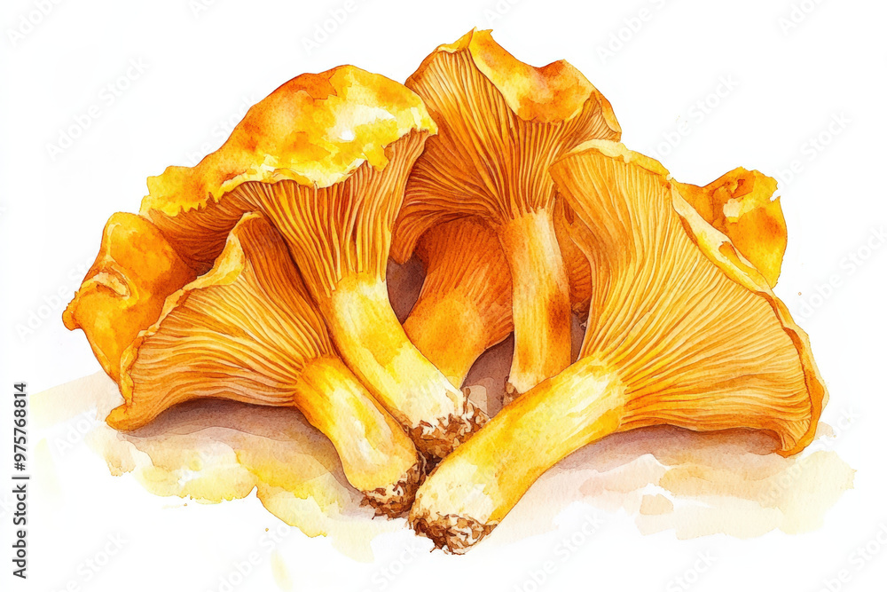 Watercolor painting is representing five chanterelle mushrooms on a white background Watercolor painting is representing five chanterelle mushrooms on a white background