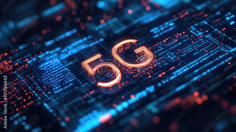 Bold 5G text illuminated on a background filled with digital code and signals representing cutting-edge technology. Bold 5G text illuminated on a background filled with digital code and signals representing cutting-edge technology.