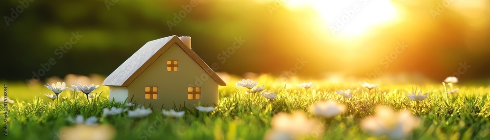 Obraz premium Dream Home in a Field of Flowers at Sunset