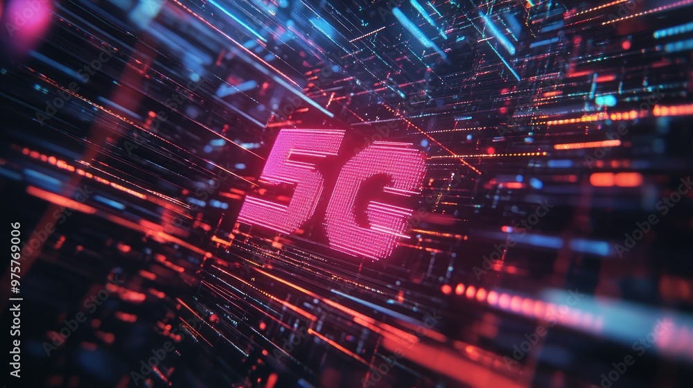 Bold 5G text with high-tech visual elements and data streams flowing in the background. Bold 5G text with high-tech visual elements and data streams flowing in the background.