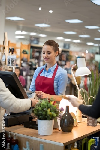 A smiling young and attractive saleswoman, cashier serving customers at a retail store counter. photo