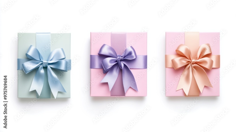 A set of three gift vouchers in various pastel colors, with decorative ribbons, isolated on a white background A set of three gift vouchers in various pastel colors, with decorative ribbons, isolated on a white background