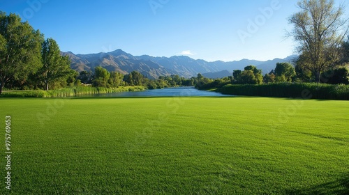 A lush green lawn stretching toward a serene river with mountains in the background, ideal for photocopy area or ads.