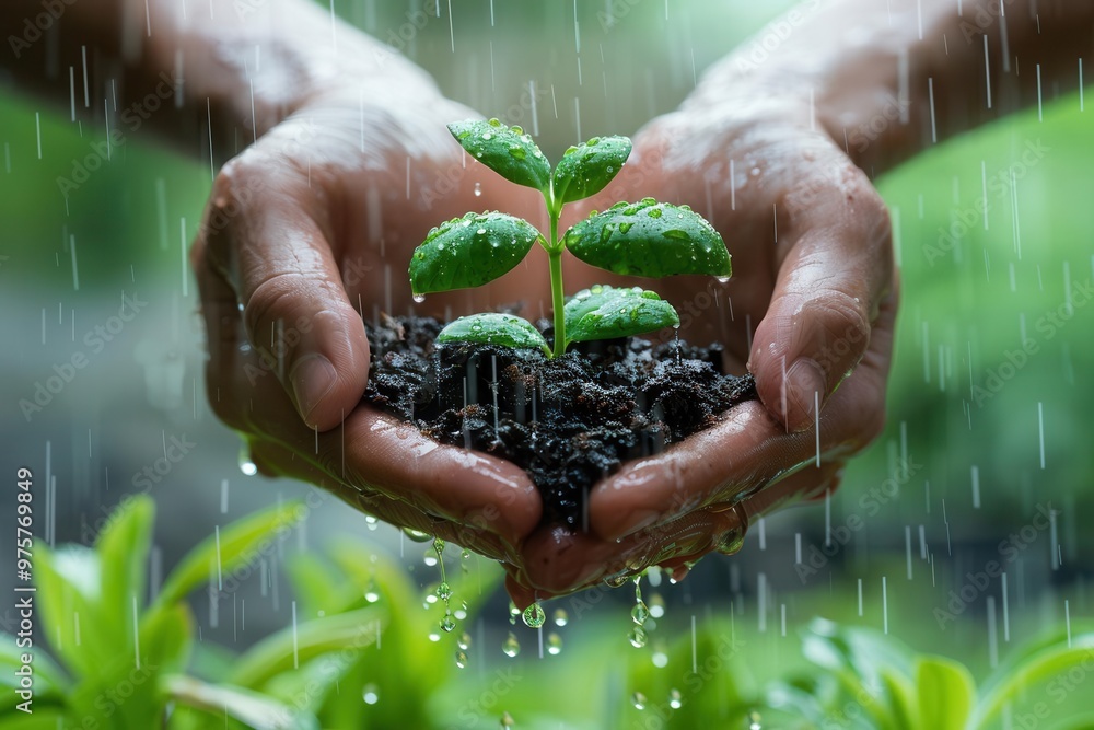 High resolution image, focus on two hands holding seedlings Surrounded by falling raindrops, environmental conservation theme High resolution image, focus on two hands holding seedlings Surrounded by falling raindrops, environmental conservation theme