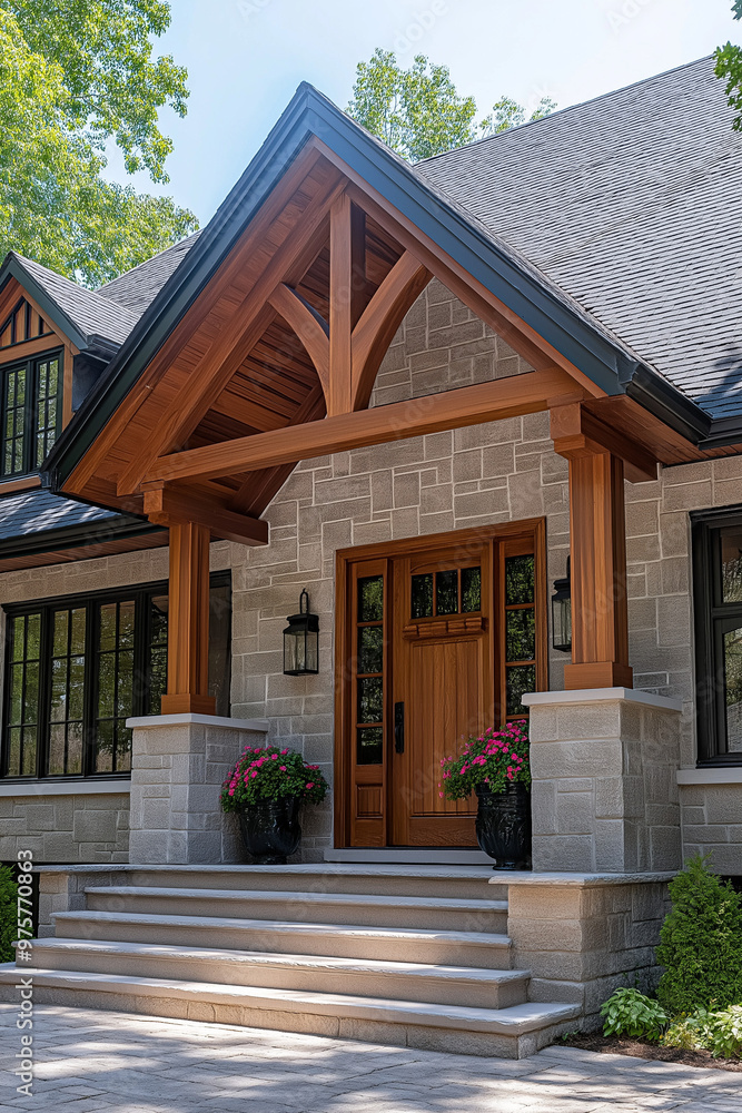 A house with a magnificent entrance, a wooden covered entryway, timber frame entrance and a stone staircase A house with a magnificent entrance, a wooden covered entryway, timber frame entrance and a stone staircase