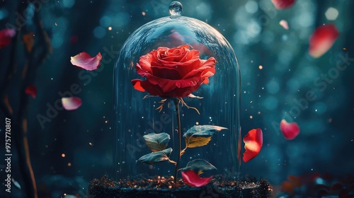 A magical rose encased in a glass dome, with falling petals symbolizing time's passage, captured in an enchanting close-up photo