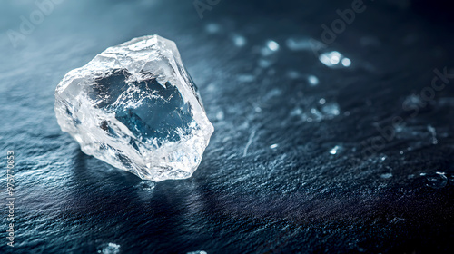 unpolished diamond sitting on a dark background, with its raw edges and translucent quality highlighting photo