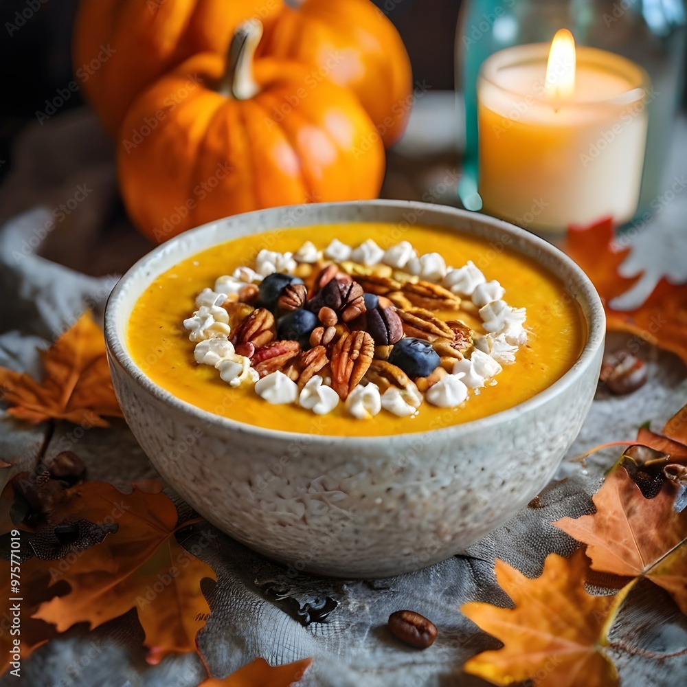 Fototapeta premium Creamy Pumpkin Smoothie Bowl topped with seeds and nuts, served in a bowl on a wooden table adorned with autumn leaves and lights.