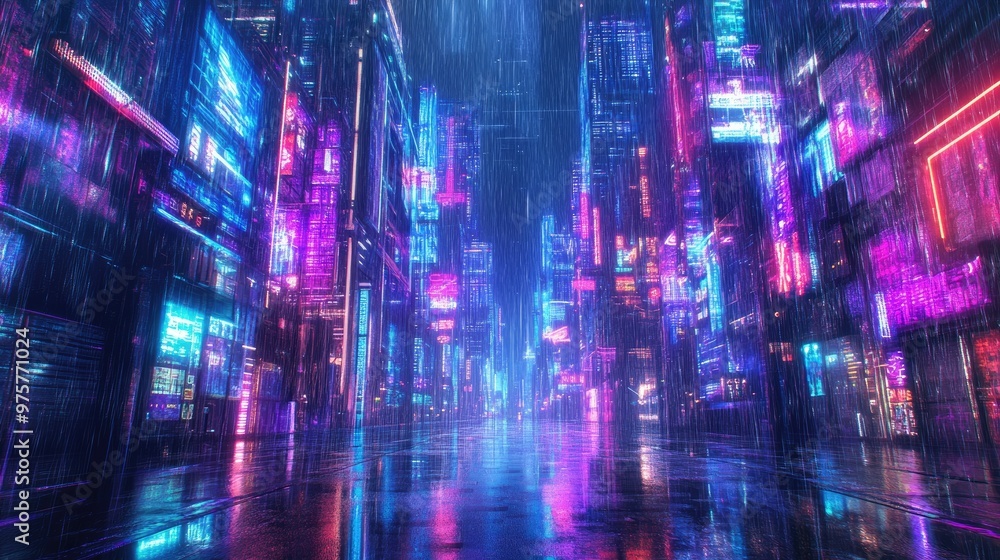 Fototapeta premium 3D cyberpunk building with vibrant blue and purple neon lights, futuristic architecture glowing on a rainy street.