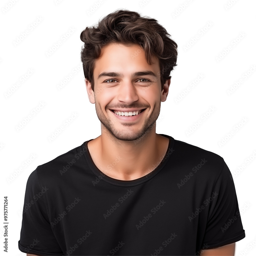 Smiling Young Man Wearing Black T-Shirt Posing Against A Neutral Gray Background Smiling Young Man Wearing Black T-Shirt Posing Against A Neutral Gray Background