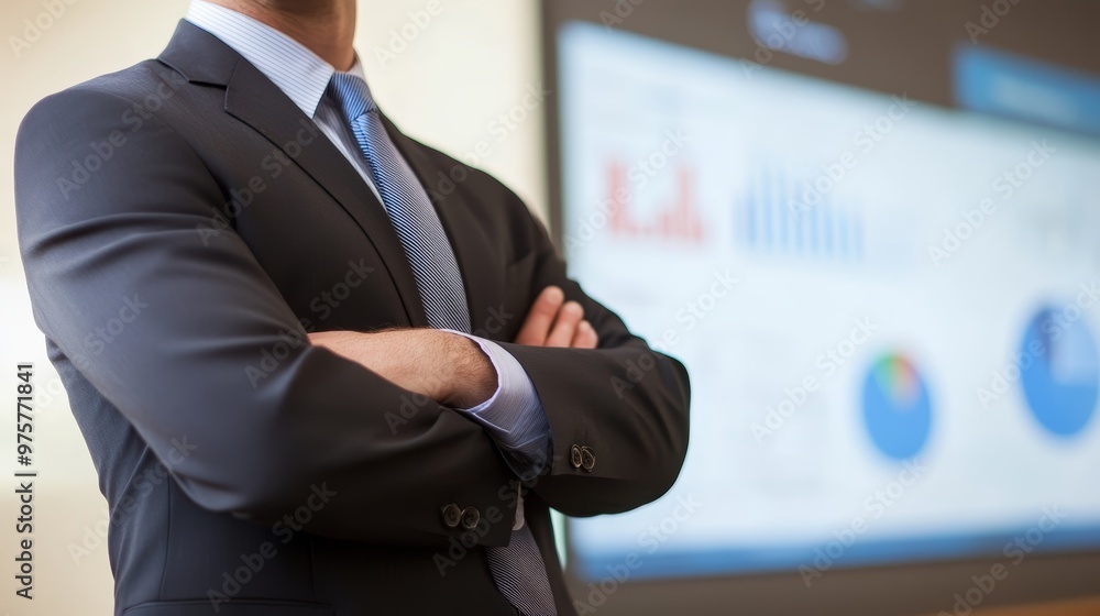Confident Businessman Standing in Front of Presentation Confident Businessman Standing in Front of Presentation