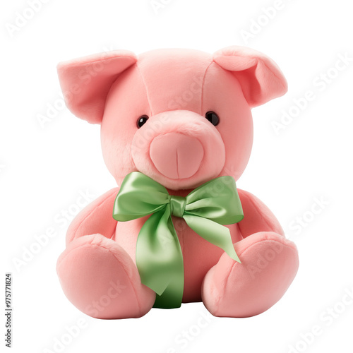 Pink Plush Pig Stuffed Toy With Green Ribbon Bow Sitting Isolated On Transparent Background