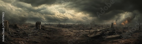 A haunting battlefield filled with wreckage and abandoned trenches. Smoke from distant fires darkens the sky