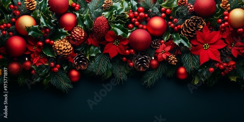 Festive holiday arrangement with red ornaments, pinecones, and poinsettias on dark backdrop. photo