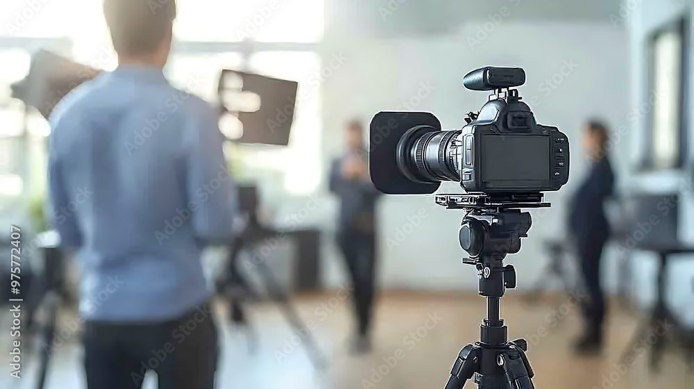 A business leader giving a media interview in a sleek, modern office A business leader giving a media interview in a sleek, modern office