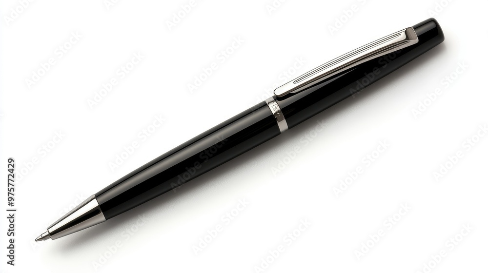 A sleek black luxury pen placed diagonally on a bright white background, showcasing its polished design. A sleek black luxury pen placed diagonally on a bright white background, showcasing its polished design.