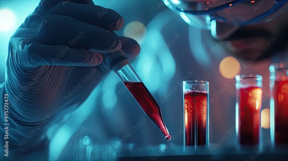 Close-up of a scientist studying blood cells in a test tube, advancing virus treatment research in a high-tech laboratory. Close-up of a scientist studying blood cells in a test tube, advancing virus treatment research in a high-tech laboratory.