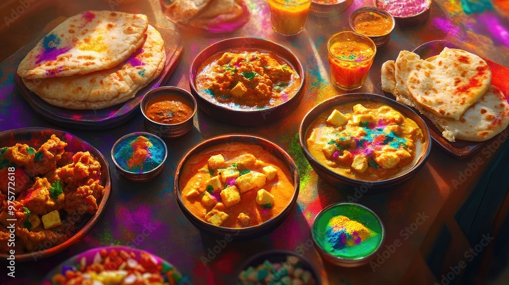 Colorful Indian Holi festival feast, featuring traditional dishes like paneer masala, naan, and jalebi Colorful Indian Holi festival feast, featuring traditional dishes like paneer masala, naan, and jalebi