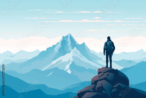 Adventurous hiker overlooking majestic mountains.