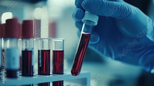 Close-up of a scientiss hand holding a test tube with blood cells, performing virus or DNA analysis in a high-tech lab.