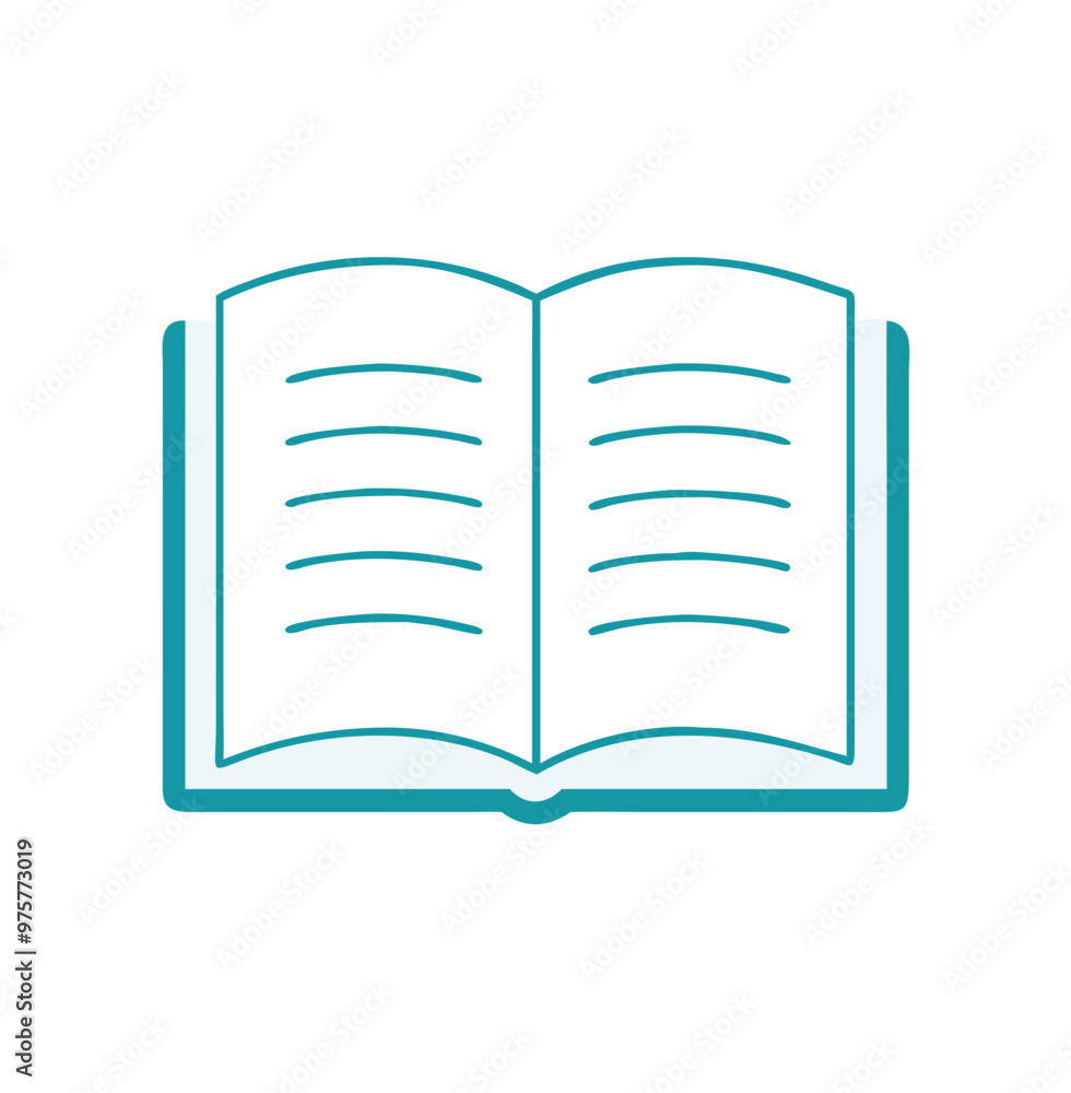 Open book icon, simple teal line art, isolated on white, reading and education concept Open book icon, simple teal line art, isolated on white, reading and education concept