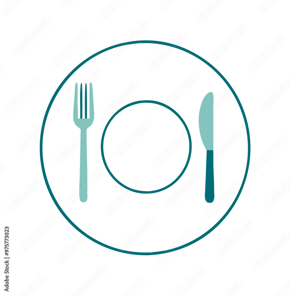 Fork and knife with plate icon, simple teal line art, isolated on white, dining concept Fork and knife with plate icon, simple teal line art, isolated on white, dining concept