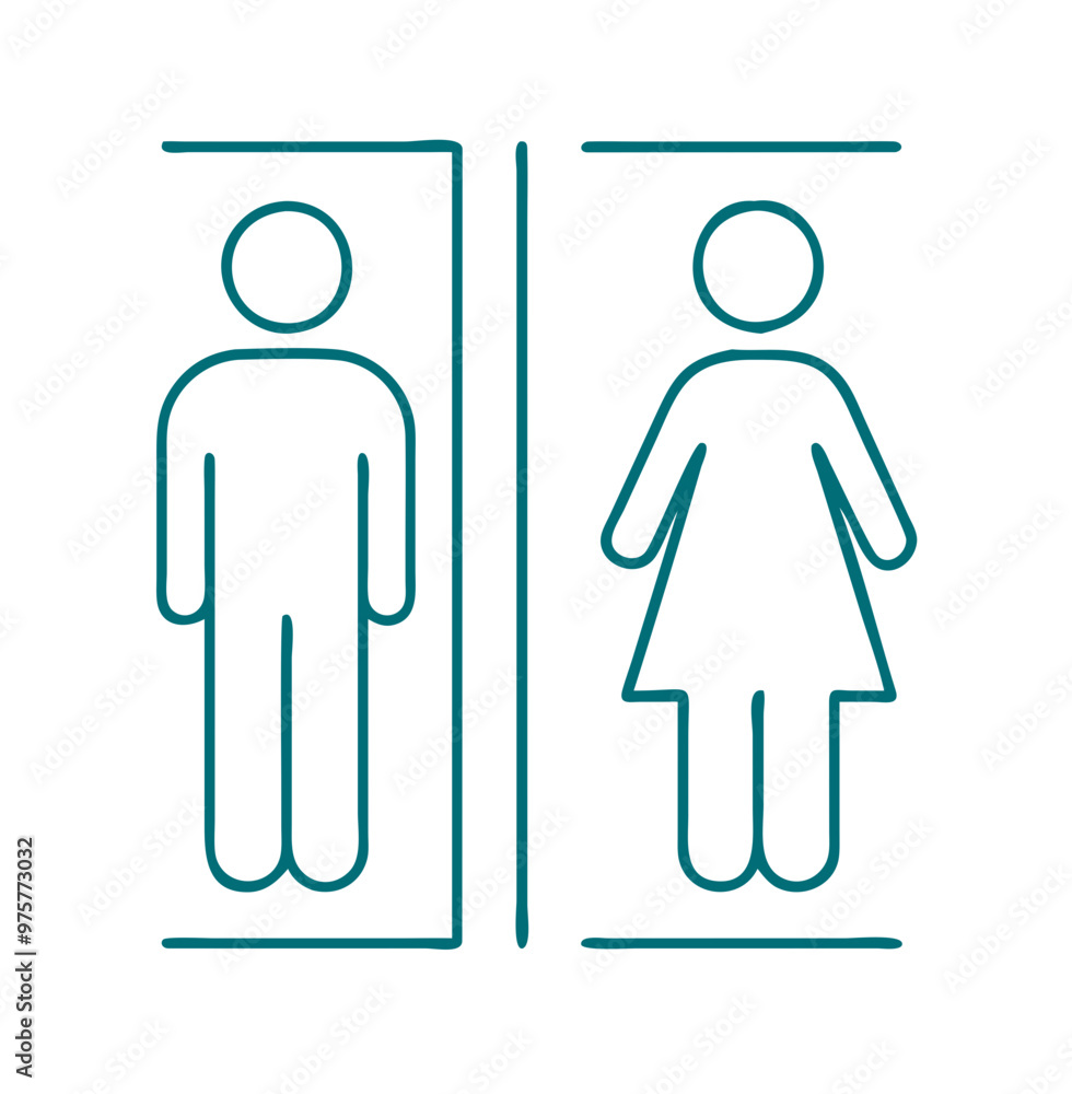 Male and female restroom icon, simple teal line art, isolated on white, bathroom concept Male and female restroom icon, simple teal line art, isolated on white, bathroom concept