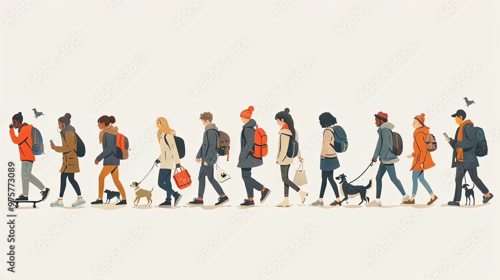 Crowd of people performing summer outdoor activities - walking dogs, riding bicycle, skateboarding. Group of male and female flat cartoon characters isolated on white background. Vector illustration Crowd of people performing summer outdoor activities - walking dogs, riding bicycle, skateboarding. Group of male and female flat cartoon characters isolated on white background. Vector illustration