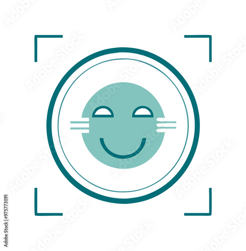 Smiling face icon with frame, simple teal line art, isolated on white, facial recognition concept