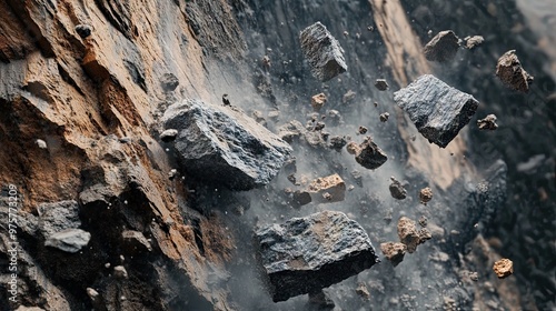 Close-up of rocks falling from a cliffside during a landslide, capturing the dynamic motion