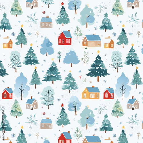 A Whimsical Winter Village Pattern Featuring Charming Trees and Cozy Houses Galore