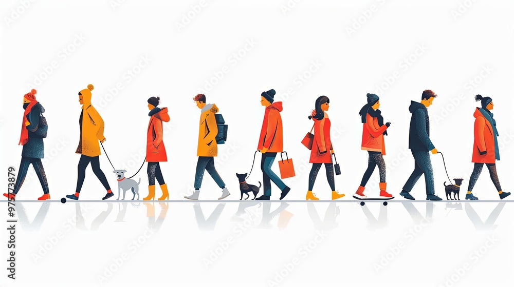 Crowd of people performing summer outdoor activities - walking dogs, riding bicycle, skateboarding. Group of male and female flat cartoon characters isolated on white background. Vector illustration Crowd of people performing summer outdoor activities - walking dogs, riding bicycle, skateboarding. Group of male and female flat cartoon characters isolated on white background. Vector illustration