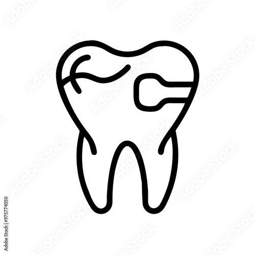 Tooth icon with dental tool, simple black line art, isolated on white, dental care concept