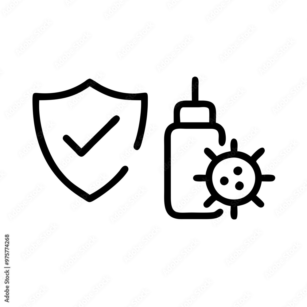 Vaccine protection icon with shield and virus, simple black line art, isolated on white Vaccine protection icon with shield and virus, simple black line art, isolated on white