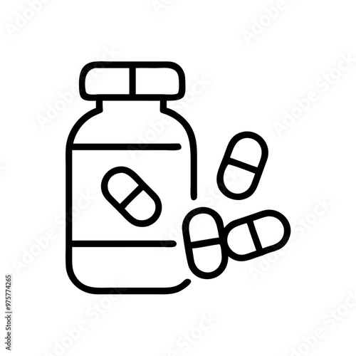 Medicine bottle with pills icon, simple black line art, isolated on white