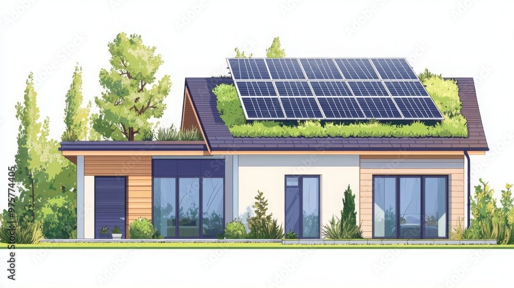 Fototapeta premium Modern Green Roof House with Solar Panels